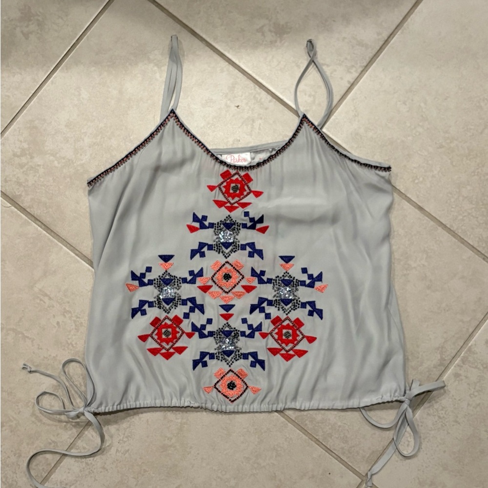 Parker Embroidered and Beaded Gray Top with Colorful Accents